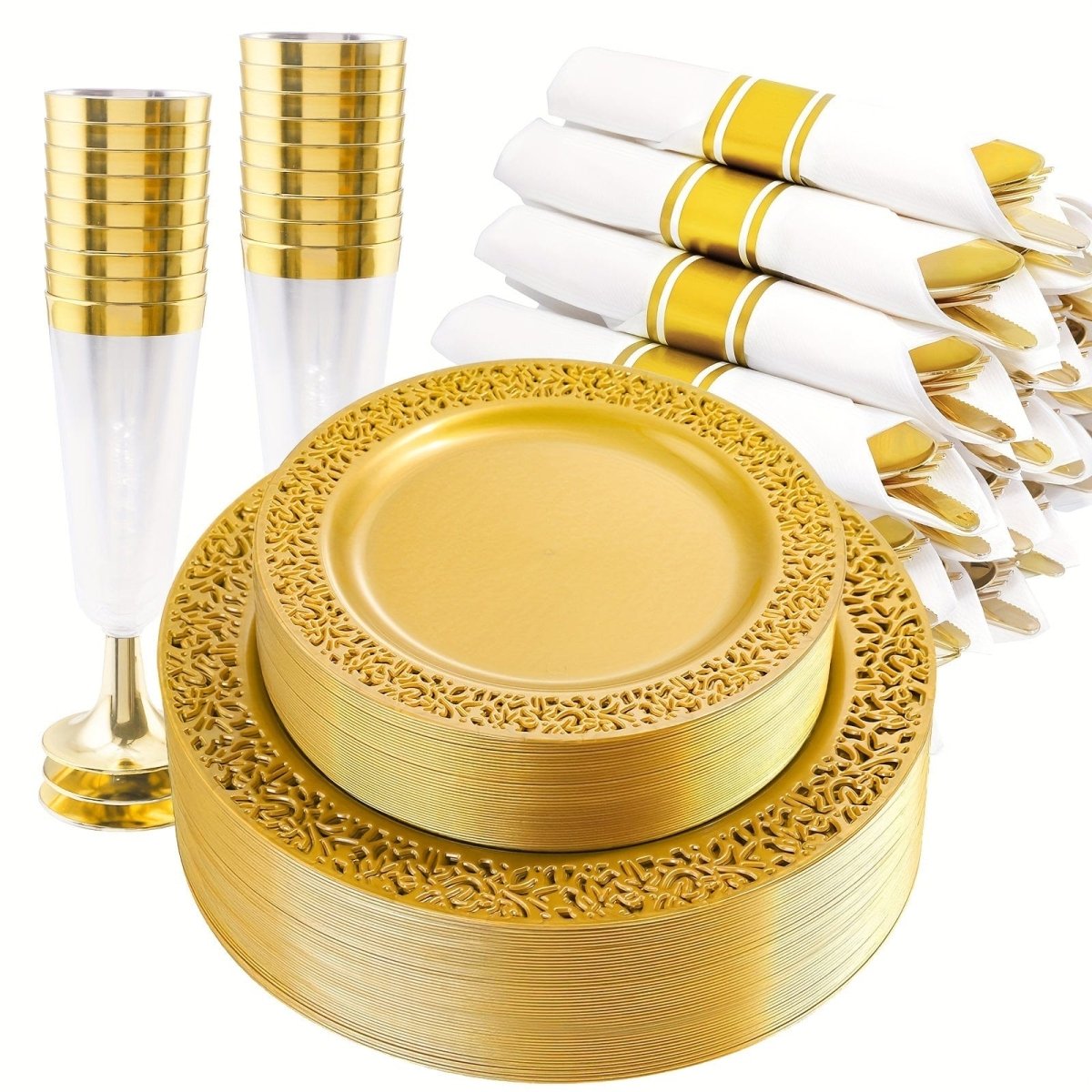 210 PCS Solid Gold Disposable Plates with Gold Plastic Silverware and Cups for Party, Gold Plastic Plates Include: 30 Dinner Plates 30 Dessert Plates 30 Rolled Napkins with Cutlery 30 Cups - SHOWLU FASHION STORE