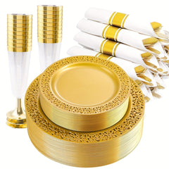 210 PCS Solid Gold Disposable Plates with Gold Plastic Silverware and Cups for Party, Gold Plastic Plates Include: 30 Dinner Plates 30 Dessert Plates 30 Rolled Napkins with Cutlery 30 Cups - SHOWLU FASHION STORE