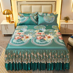 2pcs/3pcs Jacquard Bed Skirt Set with Pillowcases, Lace Hem, Floral Pattern, Soft & Comfortable, Machine Washable, Polyester 100%, Contemporary Style, Woven Fabric, 120g - Single/Double Size Options SHOWLU FASHION STORE