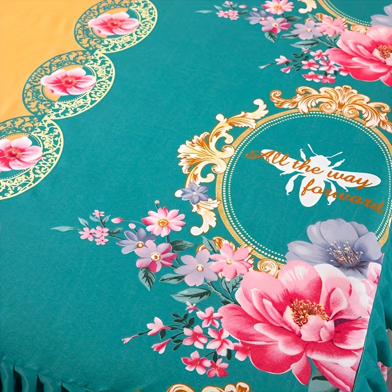 1pc Elegant Chinese Peony Bed Skirt - Traditional Style with Ruffled Edge, Golden Floral Design, Machine Washable Polyester, Perfect for Adding a Touch of Sophistication to Your Bedroom Decor, Bedroom Decor And Accessories SHOWLU FASHION STORE