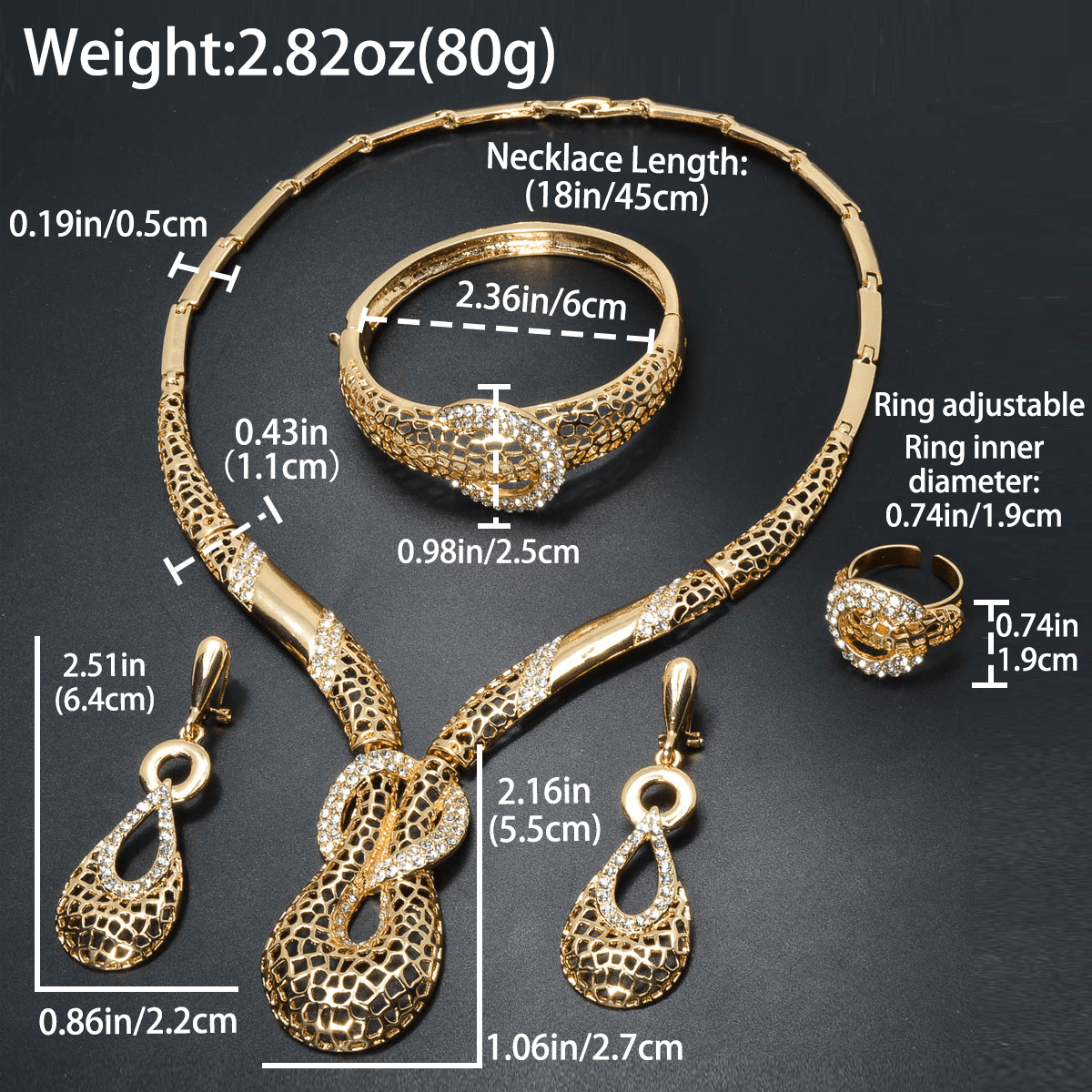 Middle Eastern Fashion Retro Men's and Women's Copper Jewelry Set Unique Curved Hollow Y-shaped Glitter Necklace + Bracelet + Earrings + Ring Suitable for Ramadan Gift SHOWLU FASHION STORE