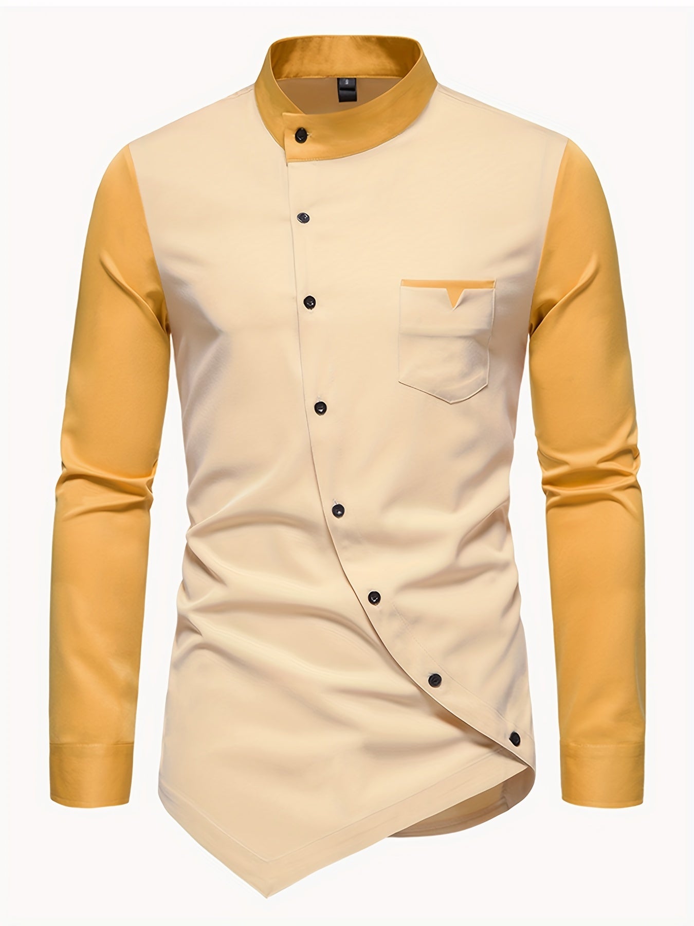 [Glossy Fabric] Stylish Men's Color Block Henley Shirt with Unique Slant Button Detail - Casual Stand Collar, Long Sleeve, Polyester Blend, Machine Washable - Perfect for All Seasons SHOWLU FASHION STORE