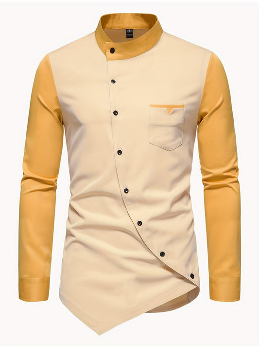 [Glossy Fabric] Stylish Men's Color Block Henley Shirt with Unique Slant Button Detail - Casual Stand Collar, Long Sleeve, Polyester Blend, Machine Washable - Perfect for All Seasons SHOWLU FASHION STORE