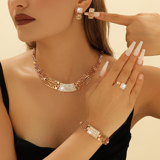 5pcs Vintage Boho Jewelry Set for Women, Rhinestone-Encrusted Alloy Necklace, Earrings, Ring, and Bracelet, Fashion Luxe Accessories for Daily Wear SHOWLU FASHION STORE