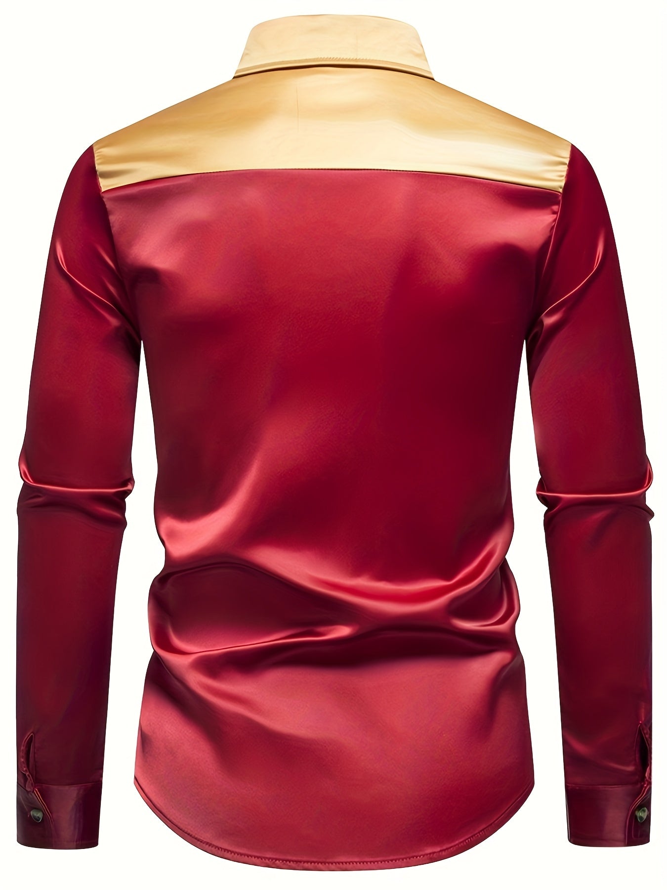Men'S Silky Smooth Color Block Long Sleeve Button-Up Shirt - Black with Golden Accents, Casual Lapel Style, Polyester Blend, Perfect for All Seasons SHOWLU FASHION STORE