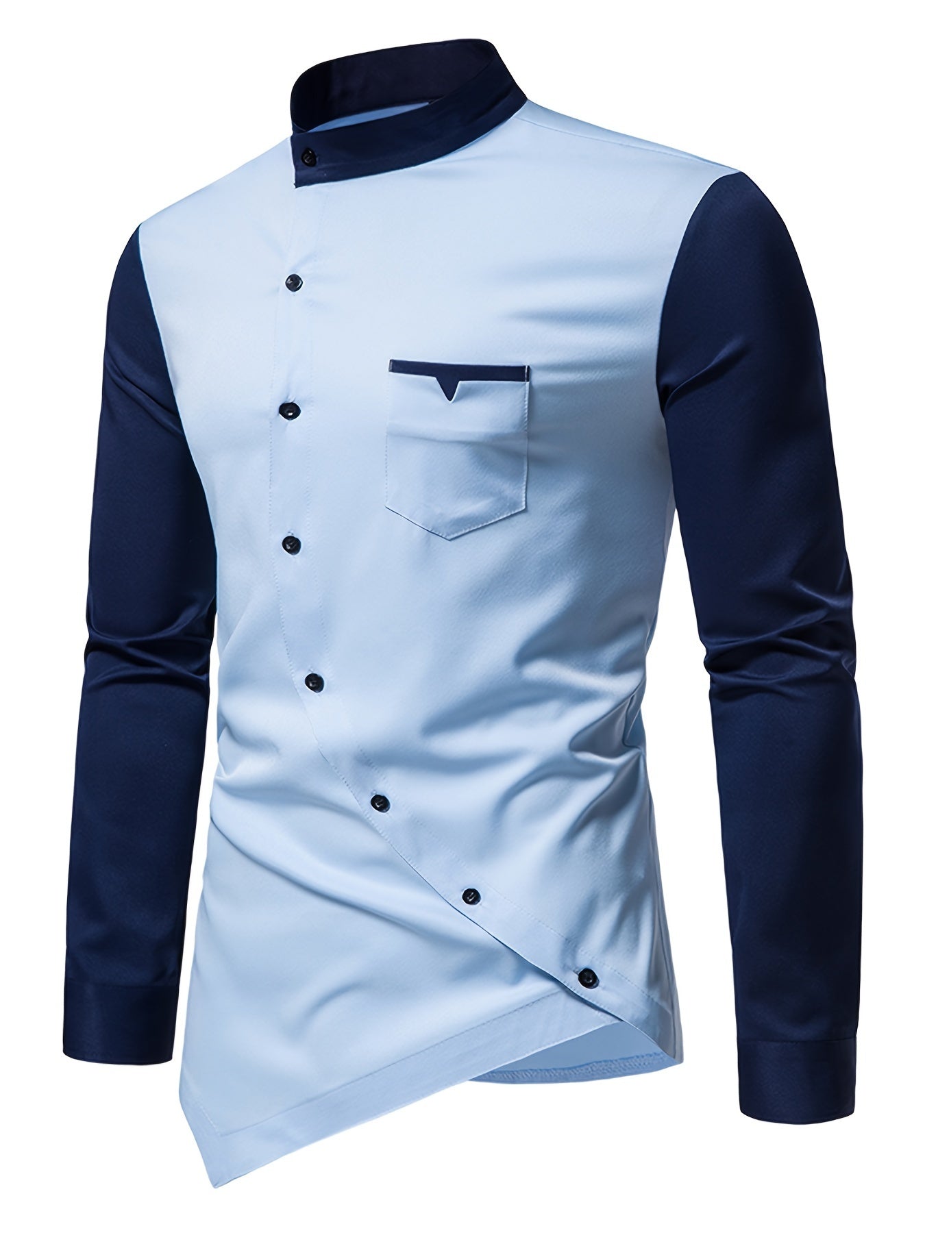 [Glossy Fabric] Stylish Men's Color Block Henley Shirt with Unique Slant Button Detail - Casual Stand Collar, Long Sleeve, Polyester Blend, Machine Washable - Perfect for All Seasons SHOWLU FASHION STORE