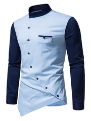 [Glossy Fabric] Stylish Men's Color Block Henley Shirt with Unique Slant Button Detail - Casual Stand Collar, Long Sleeve, Polyester Blend, Machine Washable - Perfect for All Seasons SHOWLU FASHION STORE