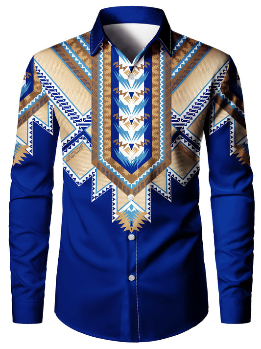 Men's Stylish Blue Geometric Print Long Sleeve Button-Up Shirt - Polyester, Machine Washable, All-Season Comfort Fit with Unique Chevron Patterns SHOWLU FASHION STORE