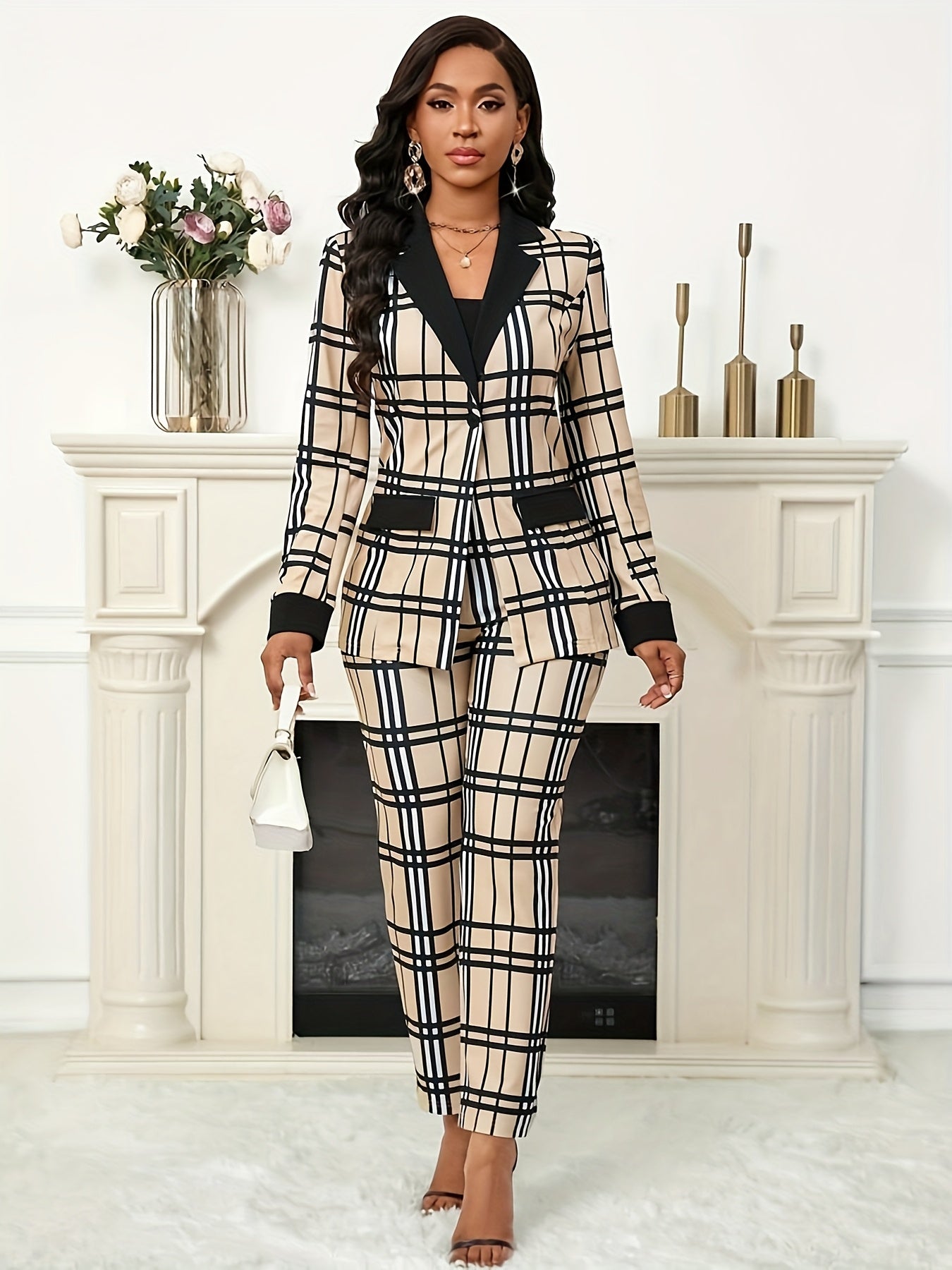 [Geometric Casual Suit] Geometric Pattern Print Casual Suit Jacket and Rubber Band Shrink Waist Trousers Set - European and American Spring and Autumn Style Long Sleeve Patchwork Net Cloth False Bag Lid Open Placket Single Bu SHOWLU FASHION STORE