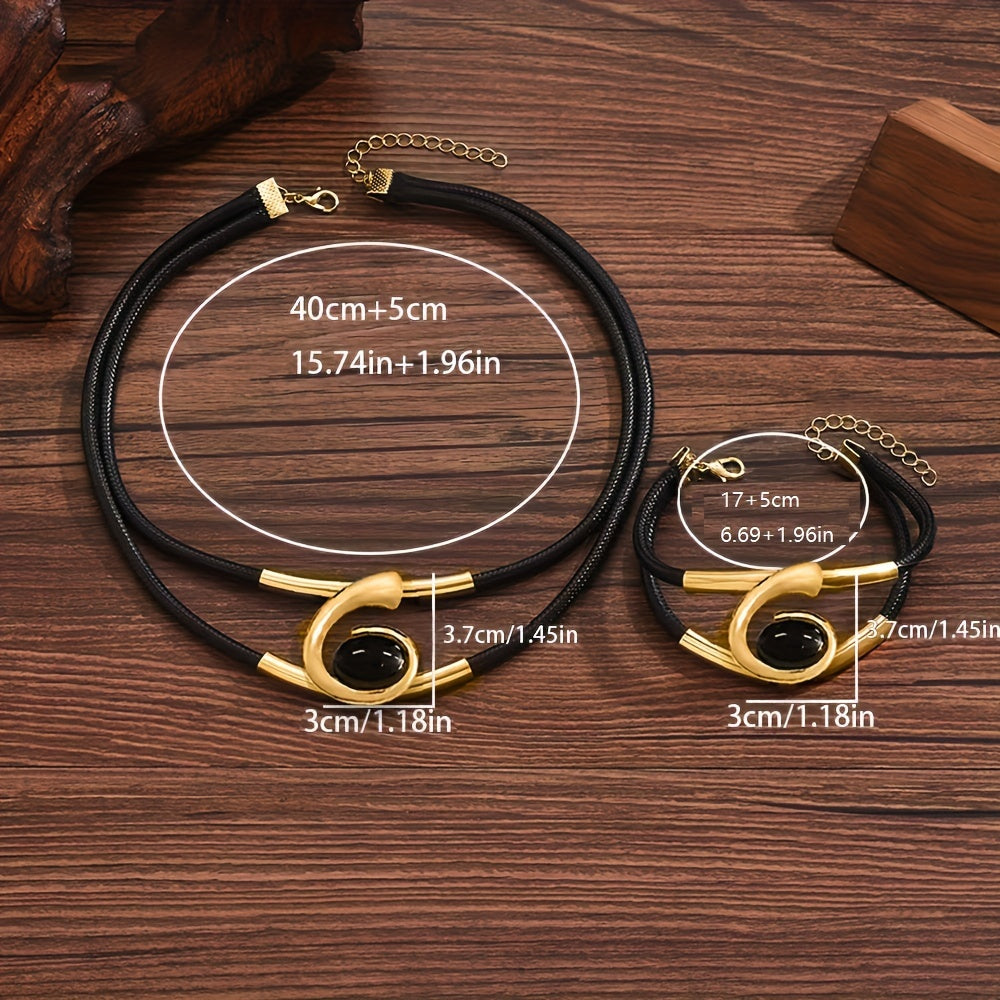 Two-piece Set of Women's Bohemian Style Design Spiral Inlaid Black Acrylic Gemstone Long Bead Pendant Necklace and Bracelet Set SHOWLU FASHION STORE