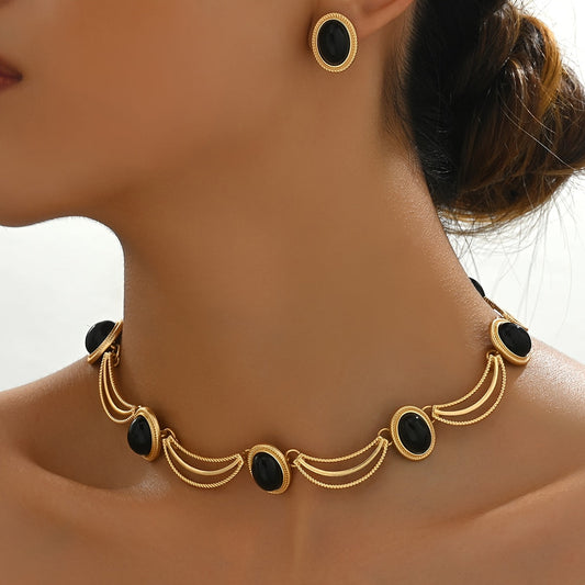 Boho Vacation Style Jewelry Set - 14K Golden Plated Copper with Black Glass Oval Stones - Elegant Vintage Inspired Necklace and Earrings Set for Party Occasions SHOWLU FASHION STORE