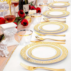 300Pcs Plastic tableware - Silver&Rose Gold&Gold Plastic Dinnerware for 50 Guests - Plastic Plates Disposable Include:50 Silver Dinner Plates, 50 Dessert Plates, 50 knife, fork and spoon, 50 Cups for Wedding and any party. - SHOWLU FASHION STORE