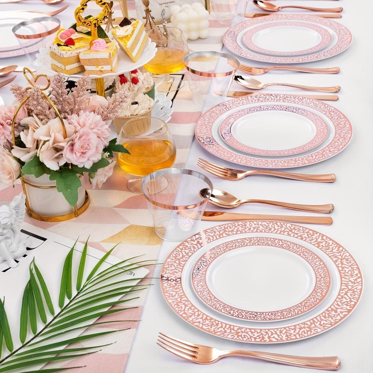 300Pcs Plastic tableware - Silver&Rose Gold&Gold Plastic Dinnerware for 50 Guests - Plastic Plates Disposable Include:50 Silver Dinner Plates, 50 Dessert Plates, 50 knife, fork and spoon, 50 Cups for Wedding and any party. - SHOWLU FASHION STORE