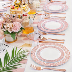 300Pcs Plastic tableware - Silver&Rose Gold&Gold Plastic Dinnerware for 50 Guests - Plastic Plates Disposable Include:50 Silver Dinner Plates, 50 Dessert Plates, 50 knife, fork and spoon, 50 Cups for Wedding and any party. - SHOWLU FASHION STORE