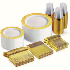 300Pcs Plastic tableware - Silver&Rose Gold&Gold Plastic Dinnerware for 50 Guests - Plastic Plates Disposable Include:50 Silver Dinner Plates, 50 Dessert Plates, 50 knife, fork and spoon, 50 Cups for Wedding and any party. - SHOWLU FASHION STORE