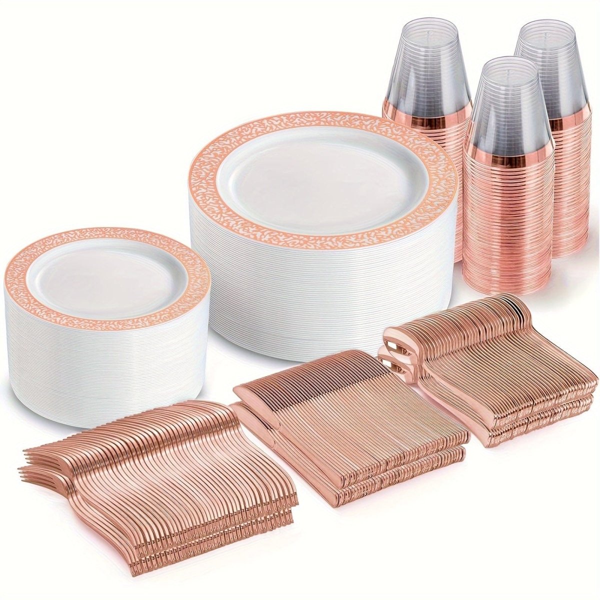 300Pcs Plastic tableware - Silver&Rose Gold&Gold Plastic Dinnerware for 50 Guests - Plastic Plates Disposable Include:50 Silver Dinner Plates, 50 Dessert Plates, 50 knife, fork and spoon, 50 Cups for Wedding and any party. - SHOWLU FASHION STORE