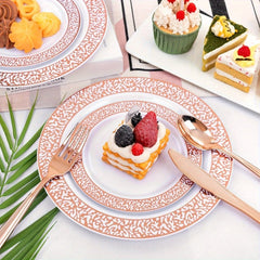 300Pcs Plastic tableware - Silver&Rose Gold&Gold Plastic Dinnerware for 50 Guests - Plastic Plates Disposable Include:50 Silver Dinner Plates, 50 Dessert Plates, 50 knife, fork and spoon, 50 Cups for Wedding and any party. - SHOWLU FASHION STORE