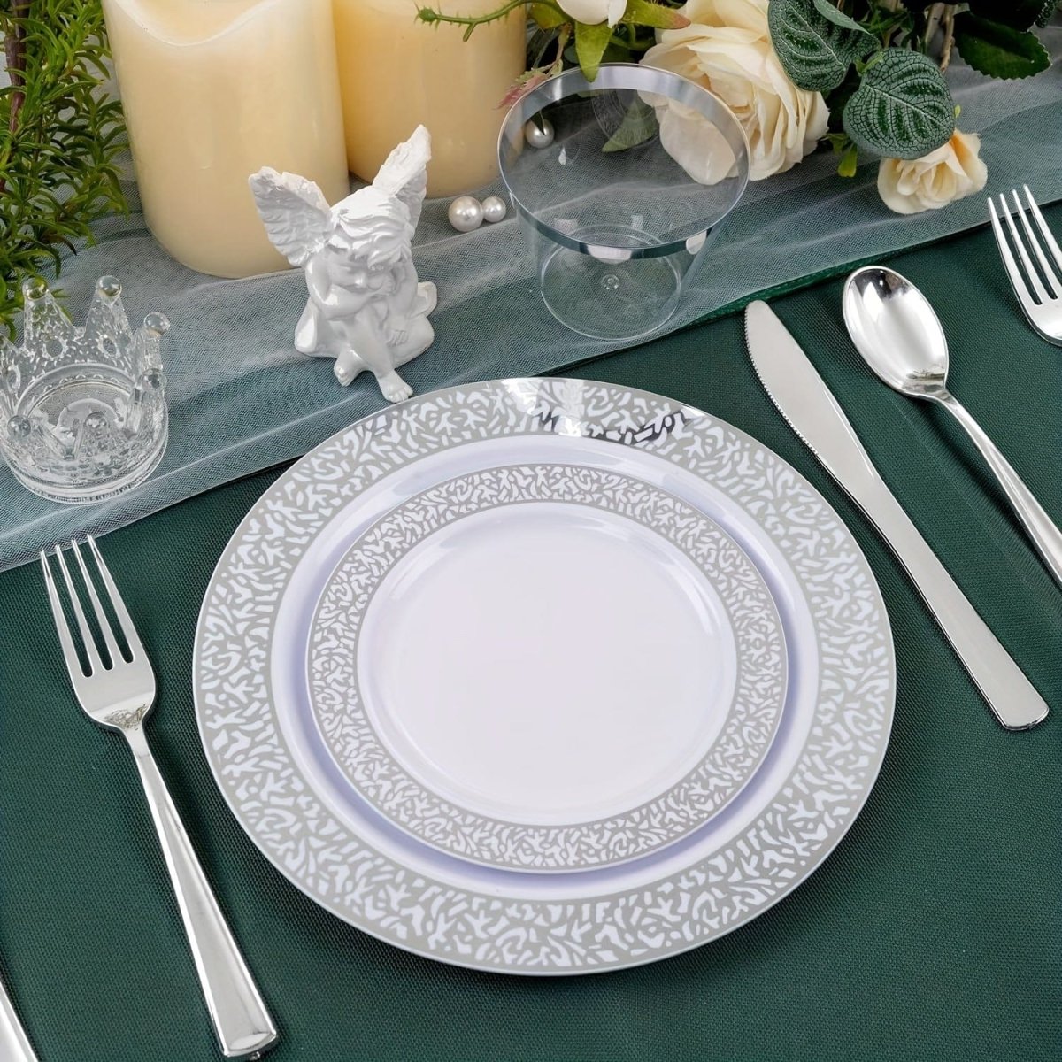 300Pcs Plastic tableware - Silver&Rose Gold&Gold Plastic Dinnerware for 50 Guests - Plastic Plates Disposable Include:50 Silver Dinner Plates, 50 Dessert Plates, 50 knife, fork and spoon, 50 Cups for Wedding and any party. - SHOWLU FASHION STORE