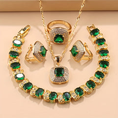 Elegant French-Style 5-Piece Jewelry Set - 18K Golden Plated Copper with Synthetic Stones, Square zirconia Mosaic - Includes Earrings, Rings, Pendant Necklace, Bracelet - Versatile for Daily Wear & Parties, Ideal Thanksgiving SHOWLU FASHION STORE