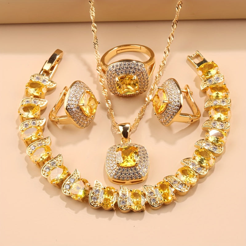 Elegant French-Style 5-Piece Jewelry Set - 18K Golden Plated Copper with Synthetic Stones, Square zirconia Mosaic - Includes Earrings, Rings, Pendant Necklace, Bracelet - Versatile for Daily Wear & Parties, Ideal Thanksgiving SHOWLU FASHION STORE