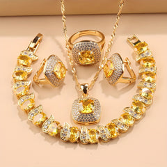 Elegant French-Style 5-Piece Jewelry Set - 18K Golden Plated Copper with Synthetic Stones, Square zirconia Mosaic - Includes Earrings, Rings, Pendant Necklace, Bracelet - Versatile for Daily Wear & Parties, Ideal Thanksgiving SHOWLU FASHION STORE
