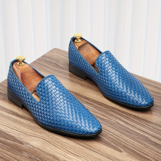 Men's Black & Golden Slip-On Loafers - Woven PU Upper, Rubber Sole, Comfortable Driving Shoes for Casual or Business Wear
