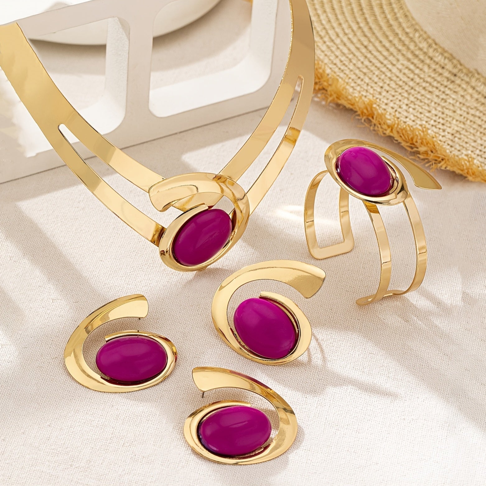 1 Set Elegant Vacation Style Women'S Jewelry Set - Asymmetric Gemstone Collar Necklace, Stud Earrings, Bracelet, and Ring - Plastic Inlay, Alloy Base, Perfect for Parties and Holidays, All-Season Wear SHOWLU FASHION STORE