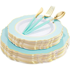 30Guest Green Plastic Plates - Gold Plastic Silverware With Green Handle - Christmas Plates Disposable - Baroque Green - SHOWLU FASHION STORE
