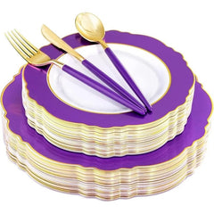 30Guest Green Plastic Plates - Gold Plastic Silverware With Green Handle - Christmas Plates Disposable - Baroque Green - SHOWLU FASHION STORE