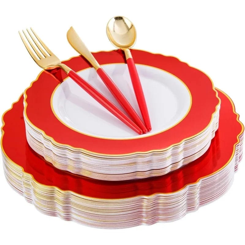 30Guest Green Plastic Plates - Gold Plastic Silverware With Green Handle - Christmas Plates Disposable - Baroque Green - SHOWLU FASHION STORE