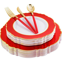 30Guest Green Plastic Plates - Gold Plastic Silverware With Green Handle - Christmas Plates Disposable - Baroque Green - SHOWLU FASHION STORE