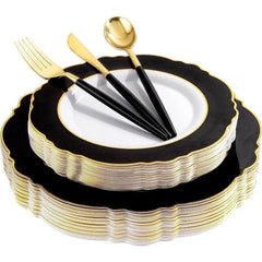 30Guest Green Plastic Plates - Gold Plastic Silverware With Green Handle - Christmas Plates Disposable - Baroque Green - SHOWLU FASHION STORE