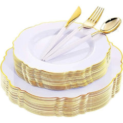 30Guest Green Plastic Plates - Gold Plastic Silverware With Green Handle - Christmas Plates Disposable - Baroque Green - SHOWLU FASHION STORE