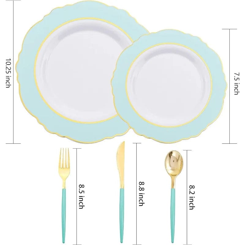 30Guest Green Plastic Plates - Gold Plastic Silverware With Green Handle - Christmas Plates Disposable - Baroque Green - SHOWLU FASHION STORE