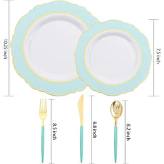 30Guest Green Plastic Plates - Gold Plastic Silverware With Green Handle - Christmas Plates Disposable - Baroque Green - SHOWLU FASHION STORE