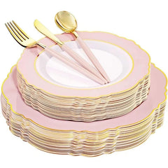 30Guest Green Plastic Plates - Gold Plastic Silverware With Green Handle - Christmas Plates Disposable - Baroque Green - SHOWLU FASHION STORE