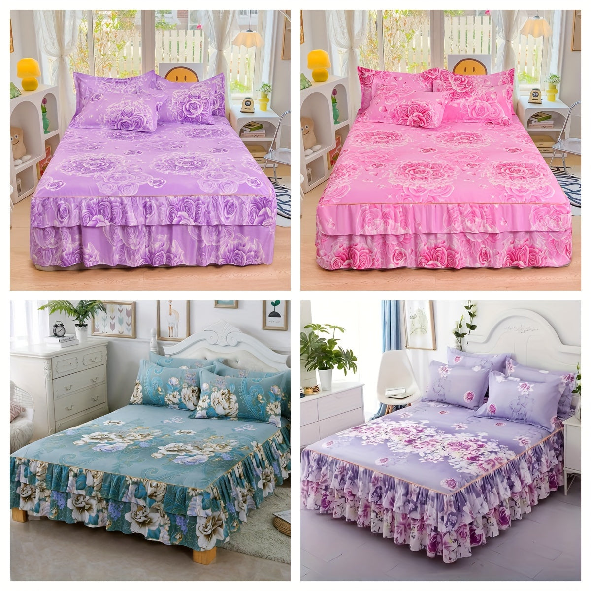 2/3pcs Printing Ruffled Edge Soft Comfortable Breathable Bed Skirt Set (Bed Skirt *1+ Pillowcase*1/2, Without Core) Multiple Sizes Available, All-season Availability, Machine Washable, Mattress Cover, Printing Bedding Set, fo SHOWLU FASHION STORE