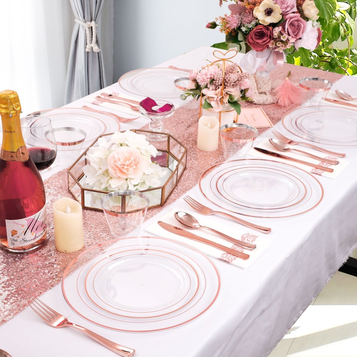 350 Pcs Rose Gold Plates, Rose Gold Dinnerware Set Include: 50 Dinner Plates 10.25 inch, 50 Dessert Plates 7.5 inch, 50 Rose Gold Cutlery set, 50 Disposable Cups 9 OZ with 50 Napkins for Party and Wedding - SHOWLU FASHION STORE