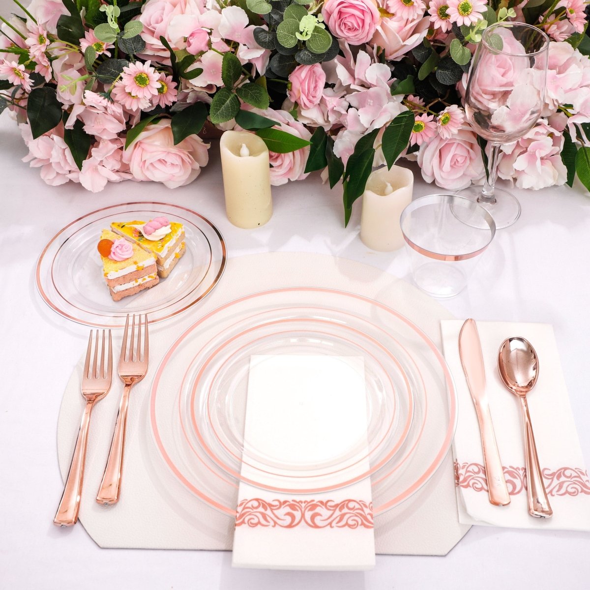 350 Pcs Rose Gold Plates, Rose Gold Dinnerware Set Include: 50 Dinner Plates 10.25 inch, 50 Dessert Plates 7.5 inch, 50 Rose Gold Cutlery set, 50 Disposable Cups 9 OZ with 50 Napkins for Party and Wedding - SHOWLU FASHION STORE