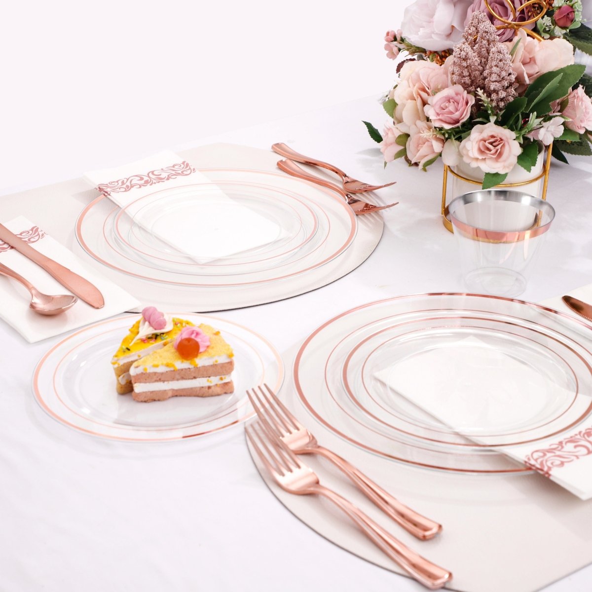 350 Pcs Rose Gold Plates, Rose Gold Dinnerware Set Include: 50 Dinner Plates 10.25 inch, 50 Dessert Plates 7.5 inch, 50 Rose Gold Cutlery set, 50 Disposable Cups 9 OZ with 50 Napkins for Party and Wedding - SHOWLU FASHION STORE