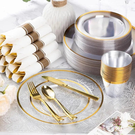 350 Piece Plastic Dinnerware Set for Party,Clear Disposable Plates for 50 Guests ,Include: Dinner Plastic Plates, Rolled Napkins - SHOWLU FASHION STORE