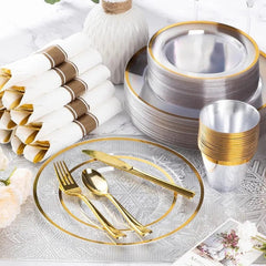 350 Piece Plastic Dinnerware Set for Party,Clear Disposable Plates for 50 Guests ,Include: Dinner Plastic Plates, Rolled Napkins - SHOWLU FASHION STORE