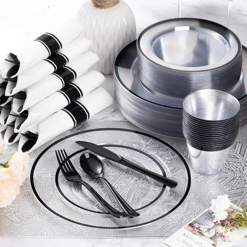 350 Piece Plastic Dinnerware Set for Party,Clear Disposable Plates for 50 Guests ,Include: Dinner Plastic Plates, Rolled Napkins - SHOWLU FASHION STORE