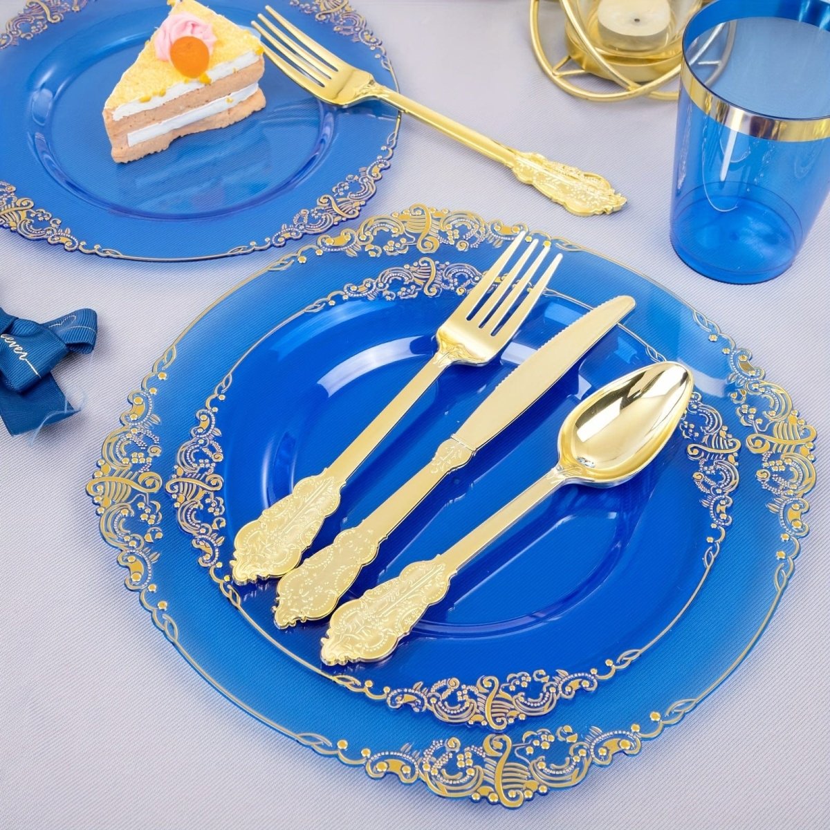 350PCS Blue Plastic Plates - Blue Plastic Dinnerware Sets for 50 Guests - 100 Blue Disposable Party Plates, 150Gold Plastic Silverware, 50Cups, 50Napkins for Wedding & Party - SHOWLU FASHION STORE