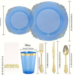 350PCS Blue Plastic Plates - Blue Plastic Dinnerware Sets for 50 Guests - 100 Blue Disposable Party Plates, 150Gold Plastic Silverware, 50Cups, 50Napkins for Wedding & Party - SHOWLU FASHION STORE