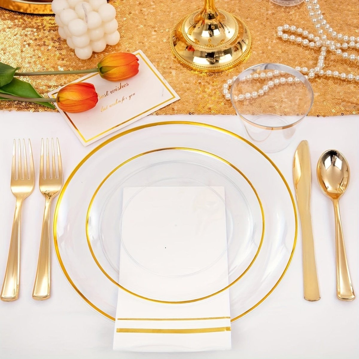 350PCS Clear and Gold Plastic cutlery - Gold Disposable Plastic Dinnerware Set for 50 Guests Include 100 Plastic Plates, 150 Gold Cutlery, 50 Cups&50 Napkins Idea for Wedding&Party - SHOWLU FASHION STORE