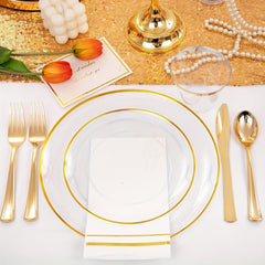 350PCS Clear and Gold Plastic cutlery - Gold Disposable Plastic Dinnerware Set for 50 Guests Include 100 Plastic Plates, 150 Gold Cutlery, 50 Cups&50 Napkins Idea for Wedding&Party - SHOWLU FASHION STORE