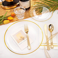 350PCS Clear and Gold Plastic cutlery - Gold Disposable Plastic Dinnerware Set for 50 Guests Include 100 Plastic Plates, 150 Gold Cutlery, 50 Cups&50 Napkins Idea for Wedding&Party - SHOWLU FASHION STORE