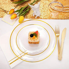 350PCS Clear and Gold Plastic cutlery - Gold Disposable Plastic Dinnerware Set for 50 Guests Include 100 Plastic Plates, 150 Gold Cutlery, 50 Cups&50 Napkins Idea for Wedding&Party - SHOWLU FASHION STORE