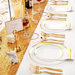 350PCS Clear and Gold Plastic cutlery - Gold Disposable Plastic Dinnerware Set for 50 Guests Include 100 Plastic Plates, 150 Gold Cutlery, 50 Cups&50 Napkins Idea for Wedding&Party - SHOWLU FASHION STORE